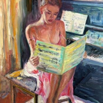 Painting titled "Girl with notes" by Kateryna Krivchach, Original Artwork, Oil