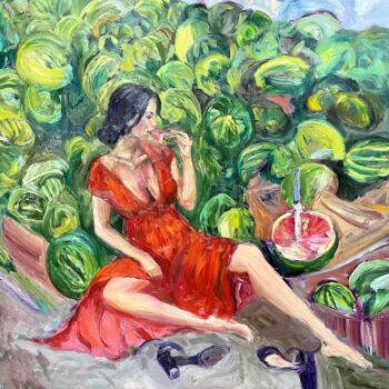 Malerei mit dem Titel "Girl with watermelo…" von Kateryna Krivchach, Original-Kunstwerk, Öl
