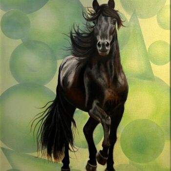 Painting titled "“Friesian mare , gr…" by Kateryna Pozigun, Original Artwork, Oil