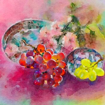 Pintura intitulada "Grapes in chinoiser…" por Kath Sapeha, Obras de arte originais, Aquarela