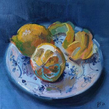 Malarstwo zatytułowany „Zitronen auf einem…” autorstwa Katharina Valeeva, Oryginalna praca, Olej Zamontowany na Drewniana ra…