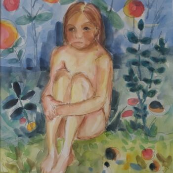 Peinture intitulée "La petite fille bou…" par Katherine Jacop-Pouliquen, Œuvre d'art originale, Aquarelle