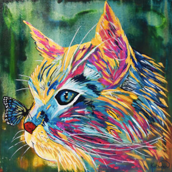 Painting titled "CAT LOVE Colourful…" by Kathleen Artist, Original Artwork, Acrylic Mounted on Wood Stretcher frame