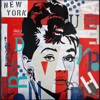 「Audrey Hepburn - NYC」というタイトルの絵画 Kathleen Artistによって, オリジナルのアートワーク, アクリル