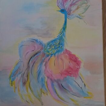 Painting titled "le paon" by Kathy, Original Artwork, Watercolor Mounted on Wood Stretcher frame