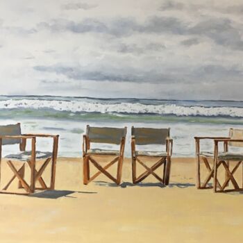 Painting titled "Chaises en plage" by Katia Slessareff, Original Artwork, Oil Mounted on Wood Stretcher frame