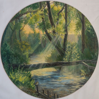 Painting titled "Near a stream" by Katia Zhevno, Original Artwork, Oil Mounted on Wood Panel