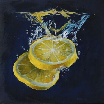Painting titled "Lemon freshness" by Katia Zhevno, Original Artwork, Oil Mounted on Wood Stretcher frame
