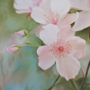 Painting titled "Rosehip (les roses…" by Katia Zhevno, Original Artwork, Oil Mounted on Wood Stretcher frame