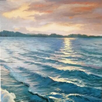 Painting titled "Sunset on the lake" by Katia Zhevno, Original Artwork, Oil Mounted on Wood Stretcher frame