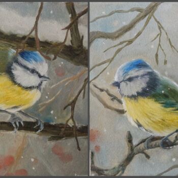 Schilderij getiteld "Dipthyh "Blue tits"…" door Katia Zhevno, Origineel Kunstwerk, Olie