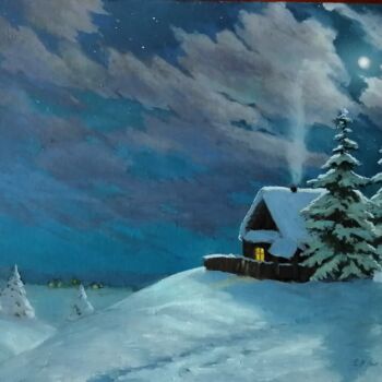 Schilderij getiteld "Winter night" door Katia Zhevno, Origineel Kunstwerk, Olie Gemonteerd op Frame voor houten brancard