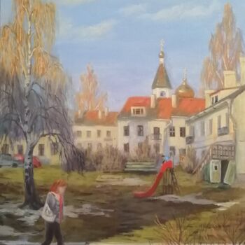 Painting titled "A spring evening" by Katia Zhevno, Original Artwork, Oil Mounted on Wood Stretcher frame