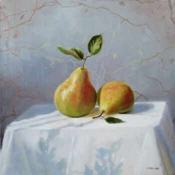 Painting titled "Sunny pears" by Katia Zhevno, Original Artwork, Oil Mounted on Wood Stretcher frame