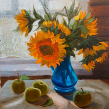 Painting titled "Sunflowers" by Katia Zhevno, Original Artwork, Oil Mounted on Wood Stretcher frame