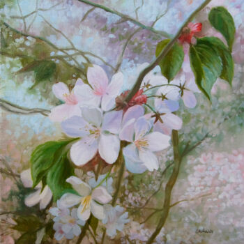 Painting titled "Cherry blossom" by Katia Zhevno, Original Artwork, Oil Mounted on Wood Stretcher frame