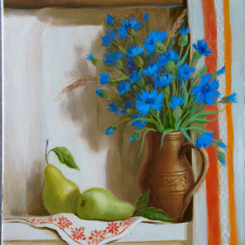 Peinture intitulée "Cornflowers on Russ…" par Katia Zhevno, Œuvre d'art originale, Huile Monté sur Châssis en bois