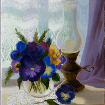 Painting titled "Pansies" by Katia Zhevno, Original Artwork, Oil Mounted on Wood Stretcher frame