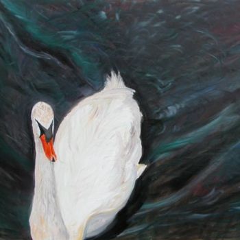 Painting titled "swan on the river" by Katie O'Looney, Original Artwork, Oil Mounted on Wood Stretcher frame