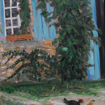 Painting titled "chickens and blue s…" by Katie O'Looney, Original Artwork