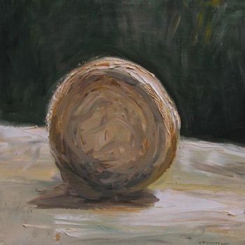 Ζωγραφική με τίτλο "Hay Wheel" από Katie O'Looney, Αυθεντικά έργα τέχνης, Λάδι Τοποθετήθηκε στο Ξύλινο φορείο σκελετό