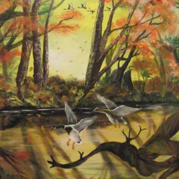 Malerei mit dem Titel "Herbstsee mit Enten" von Katja Humbs, Original-Kunstwerk, Acryl