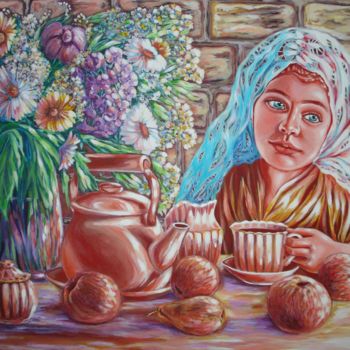 Painting titled "IVETA DRINKING TEA" by Katreen Queen, Original Artwork