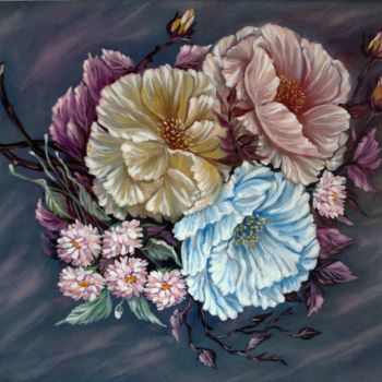 Painting titled "these-shy-tea-roses…" by Katreen Queen, Original Artwork, Oil