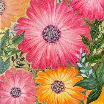 Painting titled "Daisies" by Katrika, Original Artwork, Oil Mounted on Other rigid panel