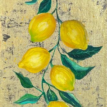 Painting titled "Lemons" by Katrika, Original Artwork, Oil Mounted on Wood Stretcher frame