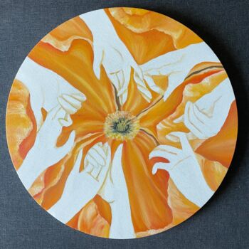 Painting titled "Unity blossom. Oran…" by Katrin Savich, Original Artwork, Oil Mounted on Wood Stretcher frame