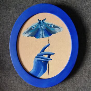 Painting titled "Blue moth, butterfl…" by Katrin Savich, Original Artwork, Oil Mounted on Wood Stretcher frame