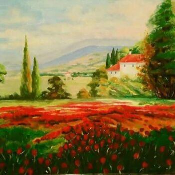 Painting titled ""Red flowers"" by Katrina, Original Artwork, Acrylic Mounted on Wood Stretcher frame