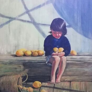 Pintura titulada "Девочка с лимонами" por Katrina, Obra de arte original, Acrílico Montado en Bastidor de camilla de madera