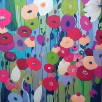 Painting titled "Bright flowers" by Katrina, Original Artwork, Acrylic Mounted on Wood Stretcher frame