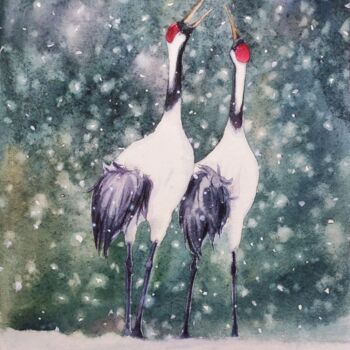 Painting titled "Cranes in Love" by Ekaterina Sypkova (KatrinColourArt), Original Artwork, Watercolor