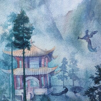 Painting titled "Pagoda in the mount…" by Ekaterina Sypkova (KatrinColourArt), Original Artwork, Watercolor
