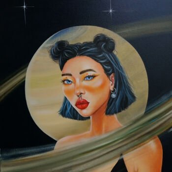 Painting titled "Saturn" by Katsiaryna Budzko, Original Artwork, Oil Mounted on Wood Stretcher frame