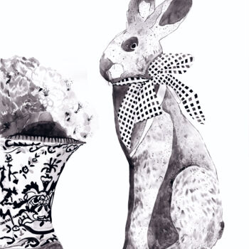 Цифровое искусство под названием "Rabbit  white & bla…" - Katwrina Golban, Подлинное произведение искусства, Акварель