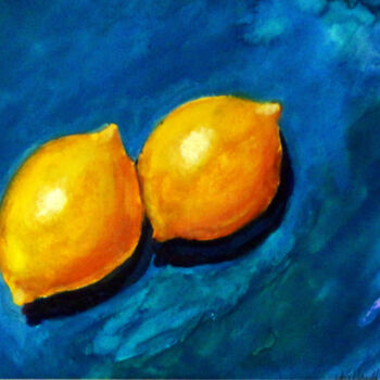 Painting titled "Lemons on Turquoise" by Katy Hawk, Original Artwork, Watercolor