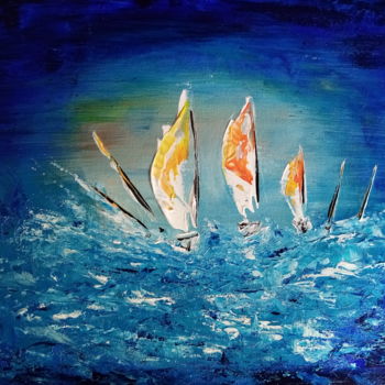 Painting titled "Voiliers sur ocean" by Katy Lecomte, Original Artwork, Acrylic Mounted on Wood Stretcher frame