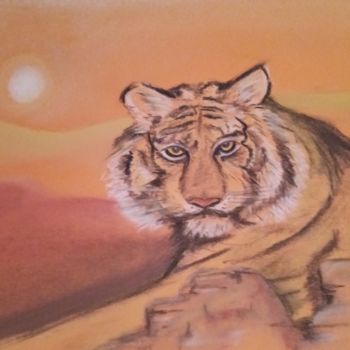 Rysunek zatytułowany „Tigre au coucher du…” autorstwa Katy Lecomte, Oryginalna praca, Pastel