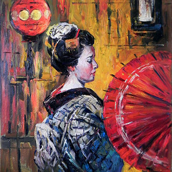 Malarstwo zatytułowany „Geisha” autorstwa George Shchegol, Oryginalna praca, Olej Zamontowany na Drewniana rama noszy