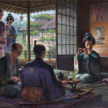 Painting titled "Geisha with a flute" by George Shchegol, Original Artwork, Oil Mounted on Wood Stretcher frame