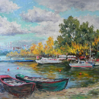 Painting titled "At the pier" by George Shchegol, Original Artwork, Oil Mounted on Wood Stretcher frame