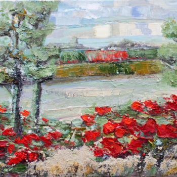 Painting titled "A la campagne" by Michèle Kaus (Kaus), Original Artwork, Acrylic Mounted on Wood Stretcher frame