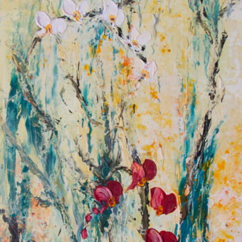Painting titled "Orchidées" by Michèle Kaus (Kaus), Original Artwork, Acrylic Mounted on Wood Stretcher frame