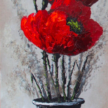 Painting titled "Les coquelicots 1" by Michèle Kaus (Kaus), Original Artwork, Acrylic Mounted on Wood Stretcher frame