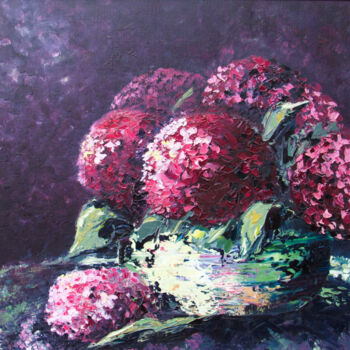 Painting titled "Les Hortensias" by Michèle Kaus (Kaus), Original Artwork, Acrylic Mounted on Wood Stretcher frame