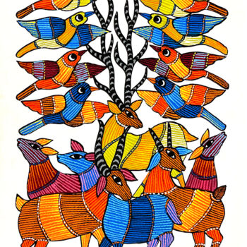 Pittura intitolato "Deear With Birds" da Kaushal Prasad Tekam, Opera d'arte originale, Acrilico